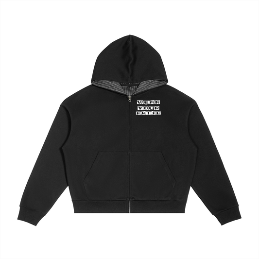 Contrast Plaid Boxy Zip Hoodie